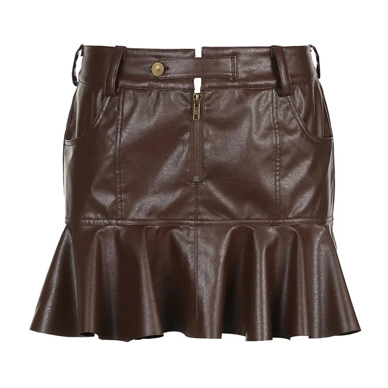 Vintage Brown Zipper Ruffles PU Leather Skirt Harajuku Clubwear Party Solid Mini Skirt Female Stitching Low Rise Chic