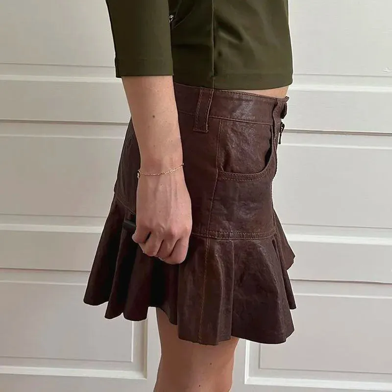 Vintage Brown Zipper Ruffles PU Leather Skirt Harajuku Clubwear Party Solid Mini Skirt Female Stitching Low Rise Chic