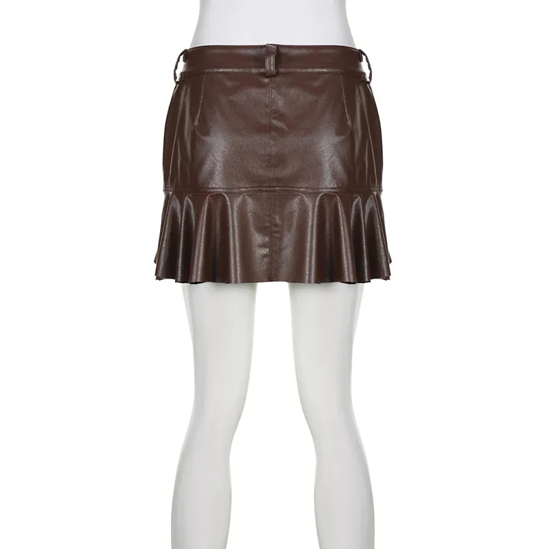 Vintage Brown Zipper Ruffles PU Leather Skirt Harajuku Clubwear Party Solid Mini Skirt Female Stitching Low Rise Chic