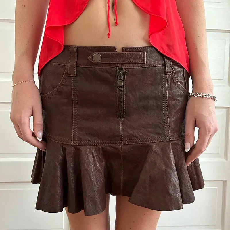 Vintage Brown Zipper Ruffles PU Leather Skirt Harajuku Clubwear Party Solid Mini Skirt Female Stitching Low Rise Chic