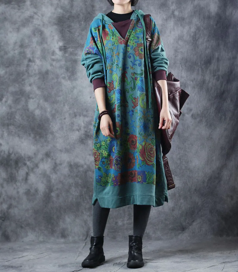 Vintage Loose Hoodie Print Long Fleece Dresses  For Women W3370