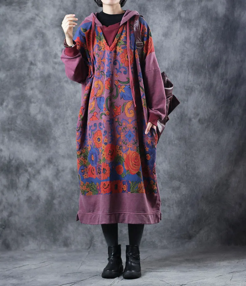 Vintage Loose Hoodie Print Long Fleece Dresses  For Women W3370