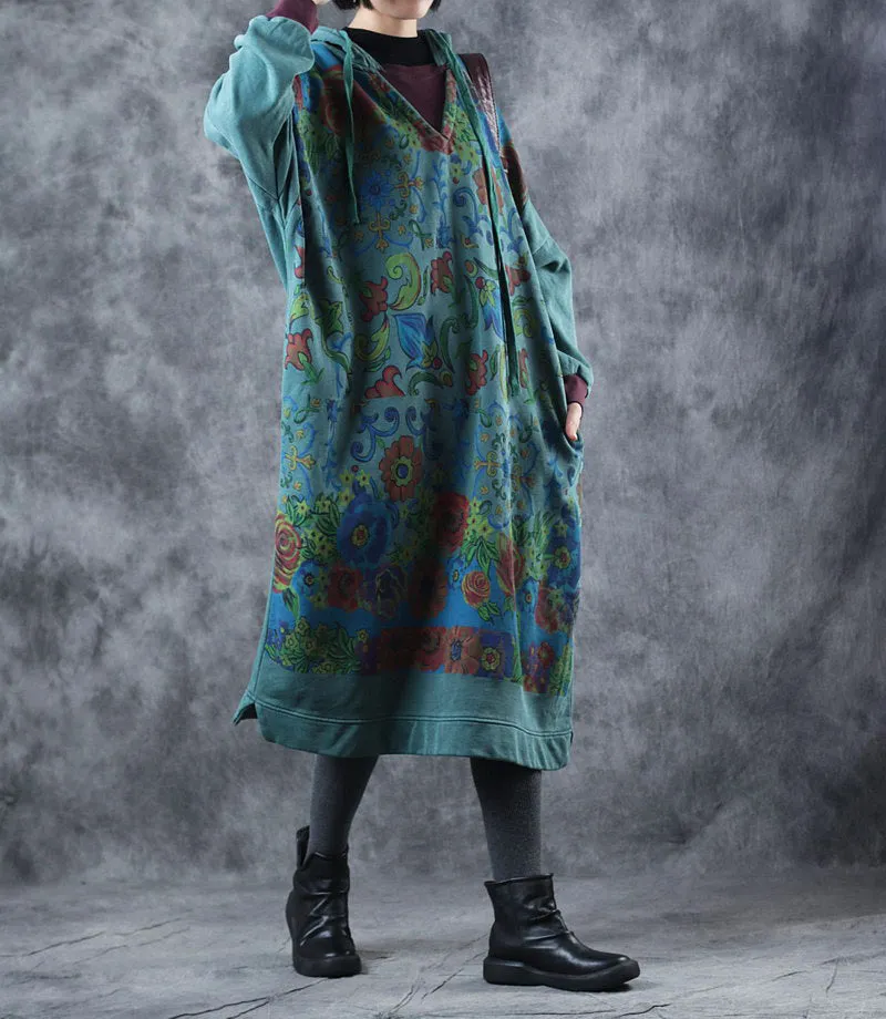 Vintage Loose Hoodie Print Long Fleece Dresses  For Women W3370