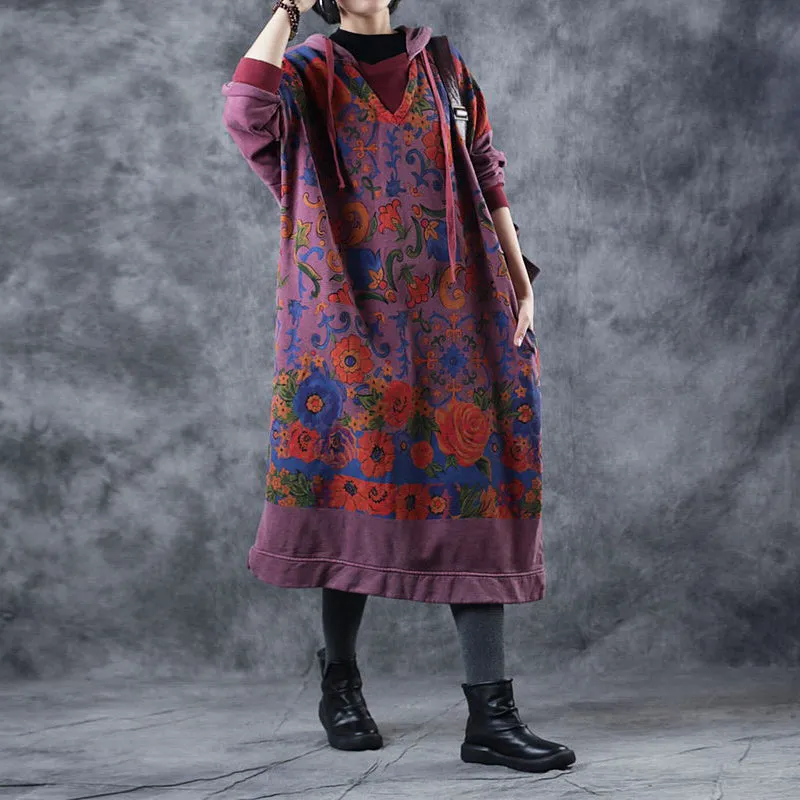 Vintage Loose Hoodie Print Long Fleece Dresses  For Women W3370