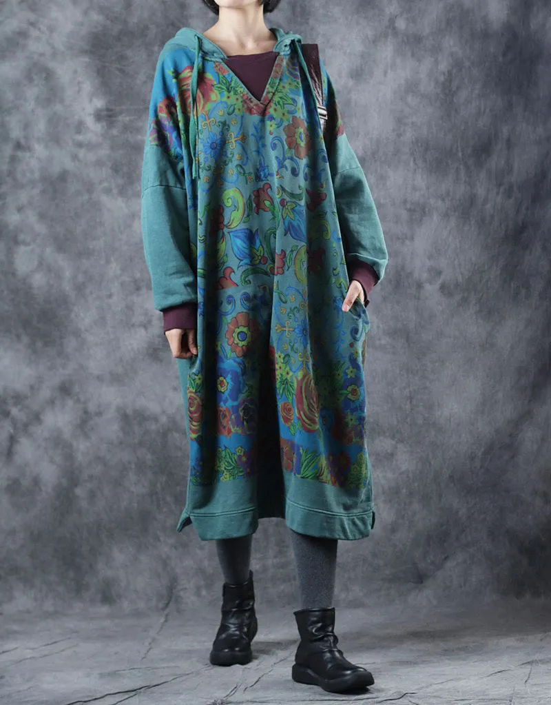 Vintage Loose Hoodie Print Long Fleece Dresses  For Women W3370