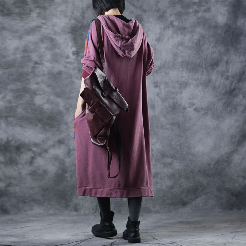 Vintage Loose Hoodie Print Long Fleece Dresses  For Women W3370