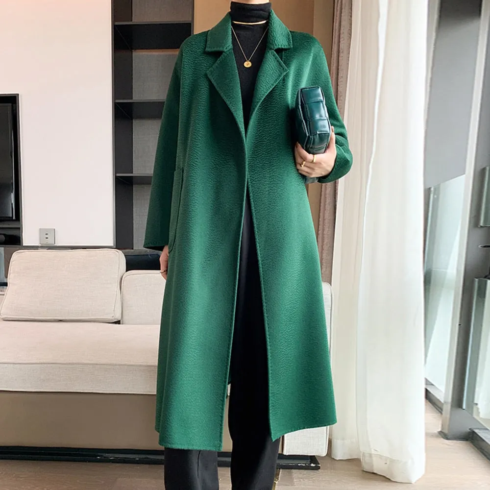 Water Ripple Double-sided Wool Coat For Women Lapel Long Sleeve Lace Up Solid Autumn Winter Coat For Female Fashion