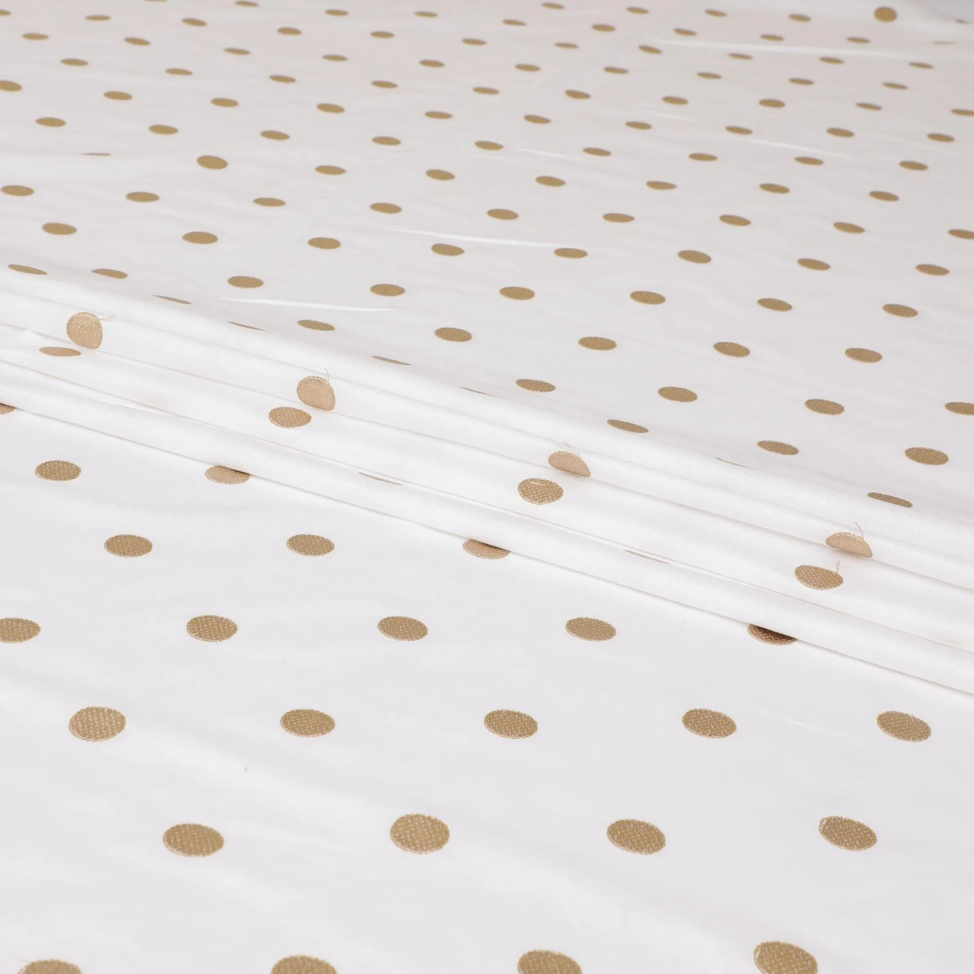 White blended linen fabric with light gold and gold embroidery in dot design-D6176