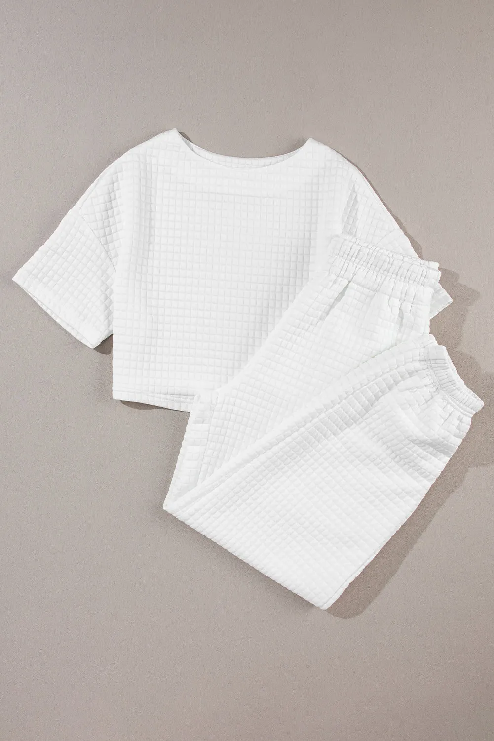 White Lattice Textured Cropped Tee and Jogger Pants Set