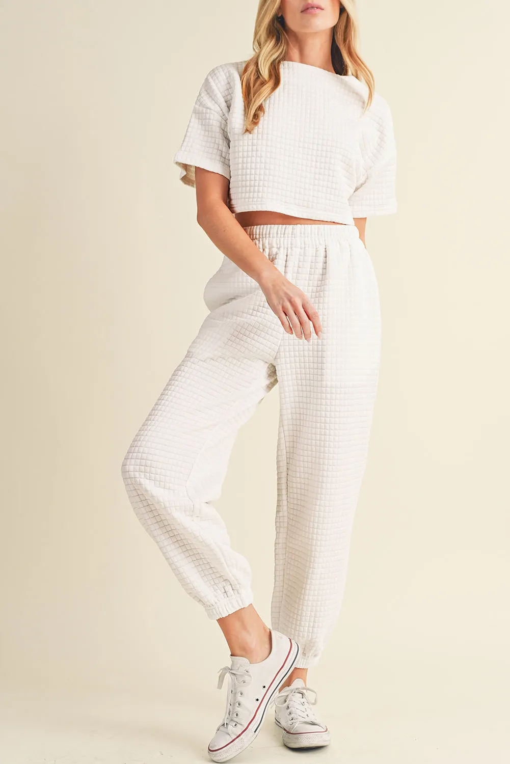 White Lattice Textured Cropped Tee and Jogger Pants Set