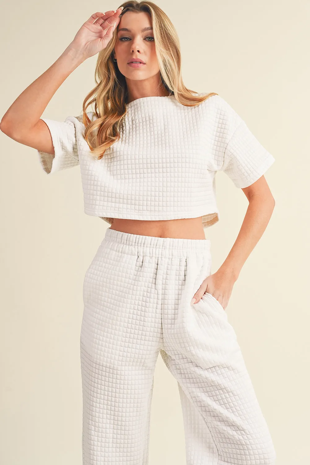 White Lattice Textured Cropped Tee and Jogger Pants Set