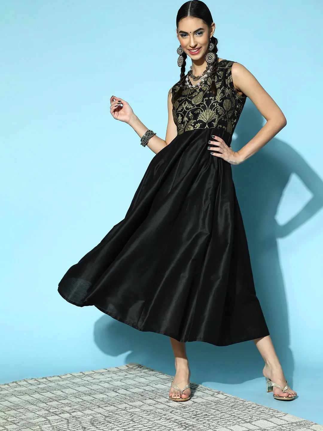 Women Black Brocade Sleeveless Anarkali Maxi