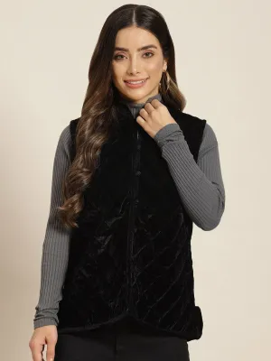 Women Black Velvet Sleeveless Quilted Jacket