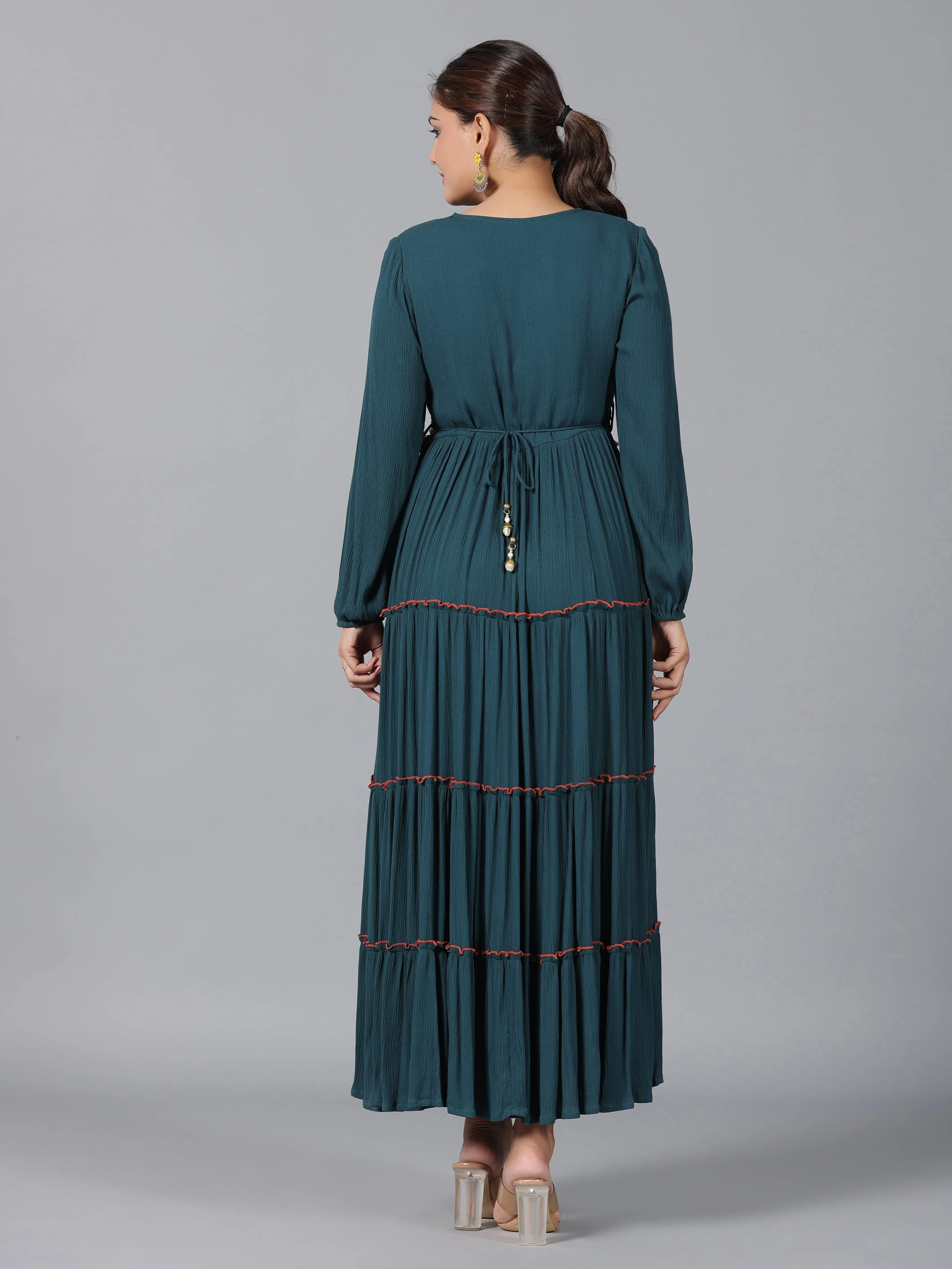 Women Bottle Green Rayon Crepe Tiered Maxi Dress