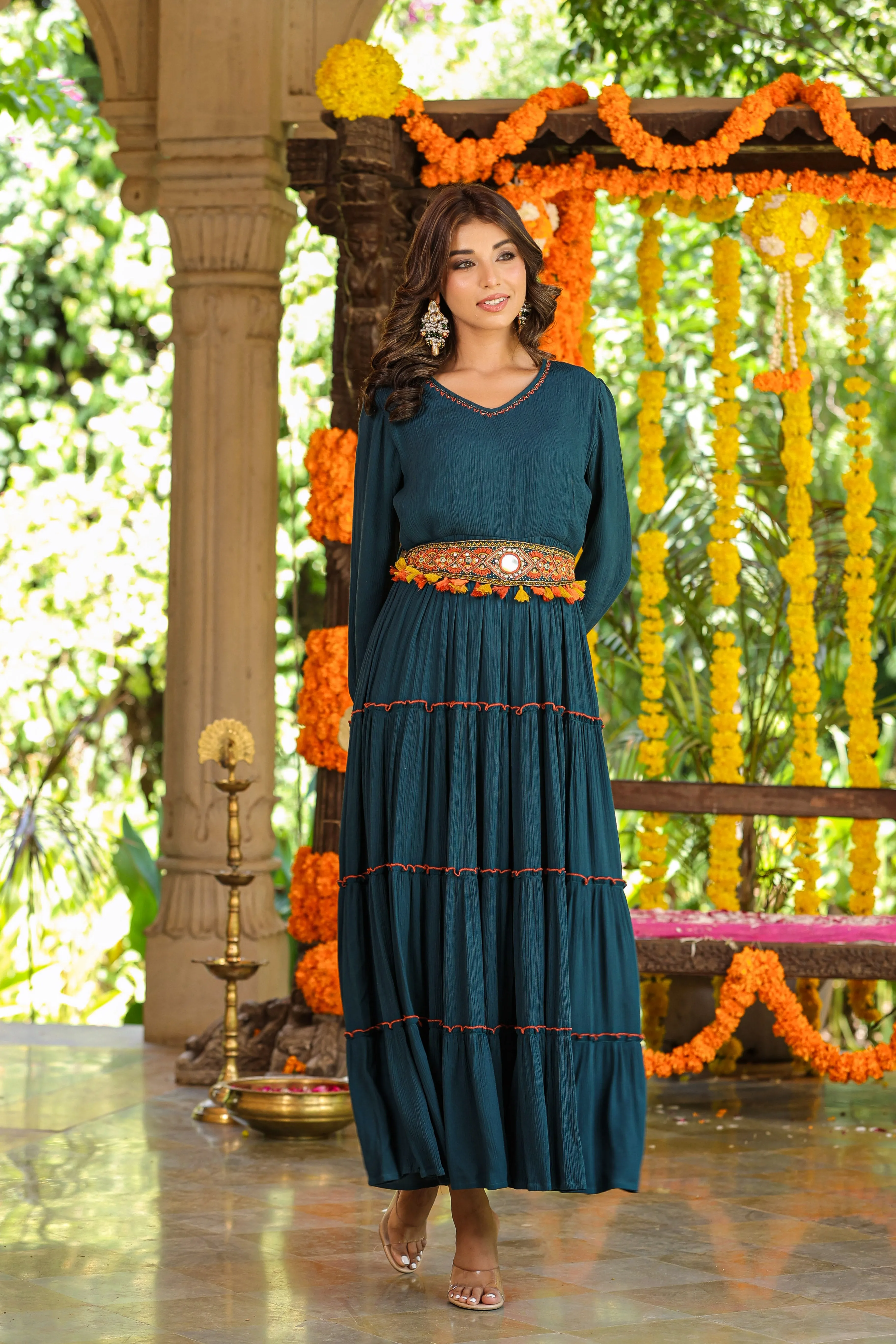 Women Bottle Green Rayon Crepe Tiered Maxi Dress