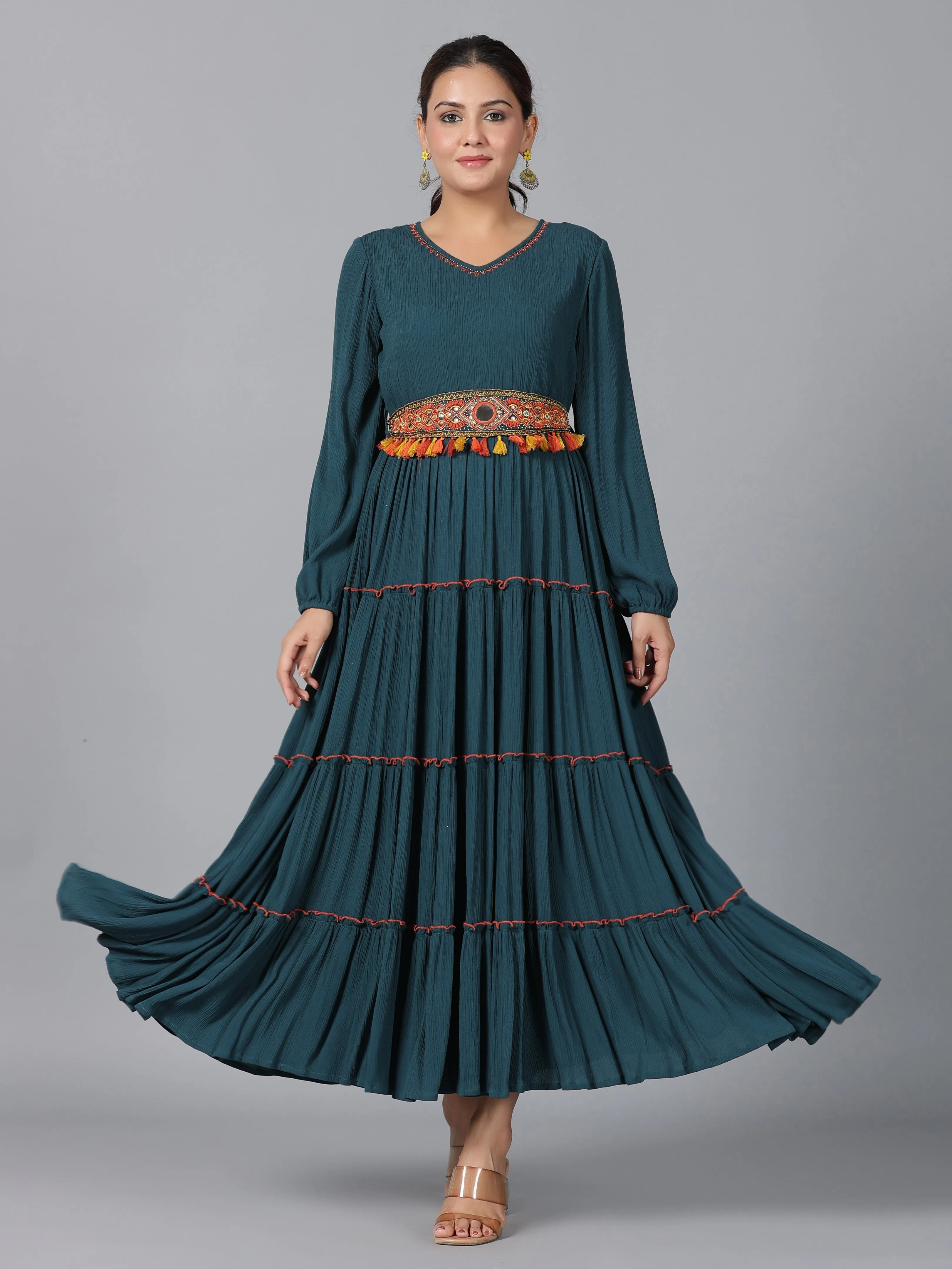 Women Bottle Green Rayon Crepe Tiered Maxi Dress