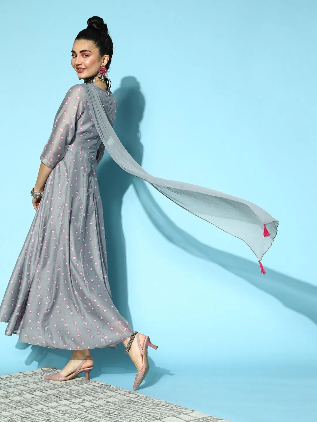 Women Grey Lotus Anarkali Maxi With Attached Pallu