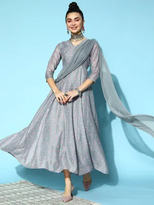 Women Grey Lotus Anarkali Maxi With Attached Pallu