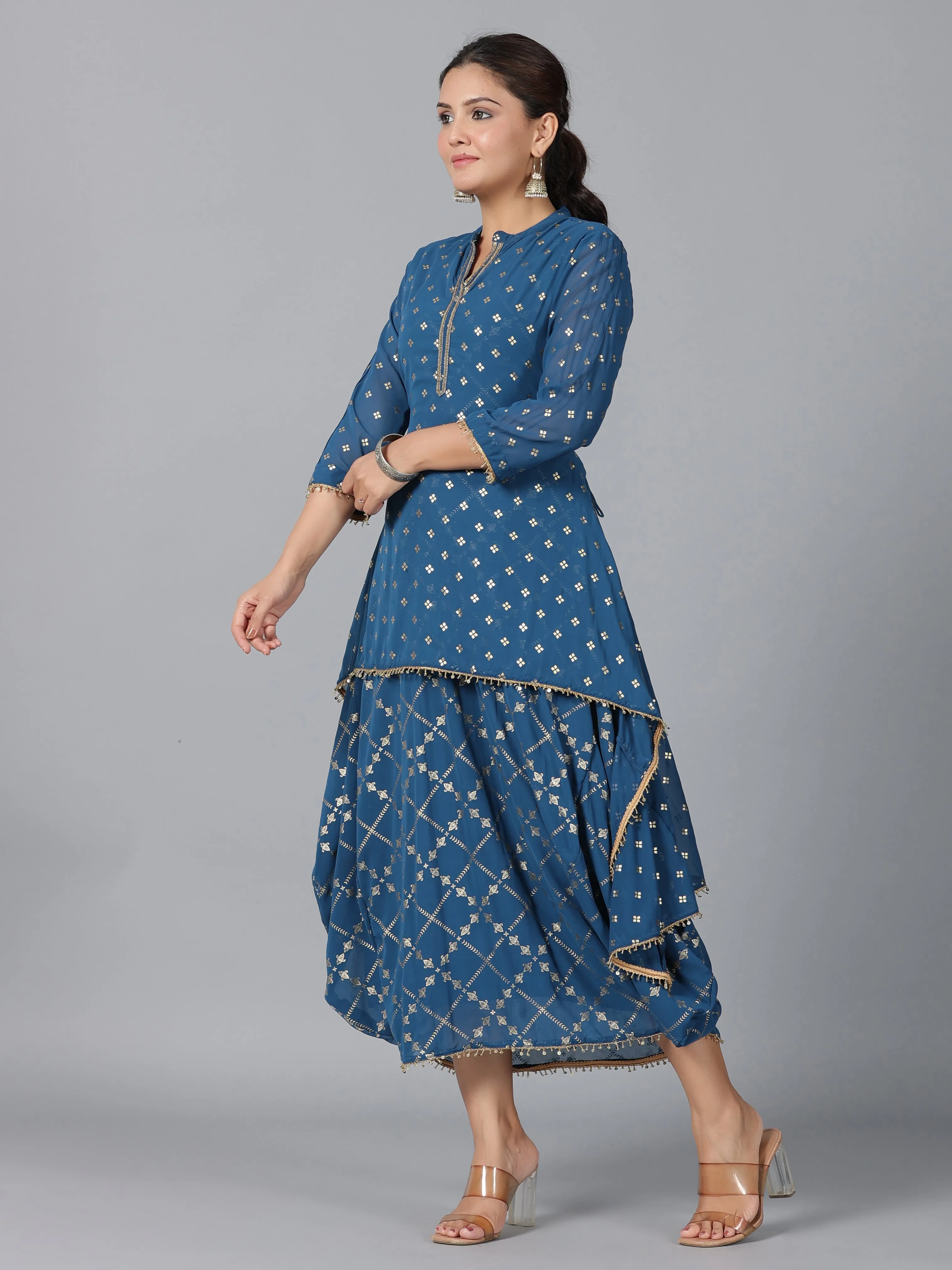 Women Indigo Georgette Printed Draped Maxi Dress