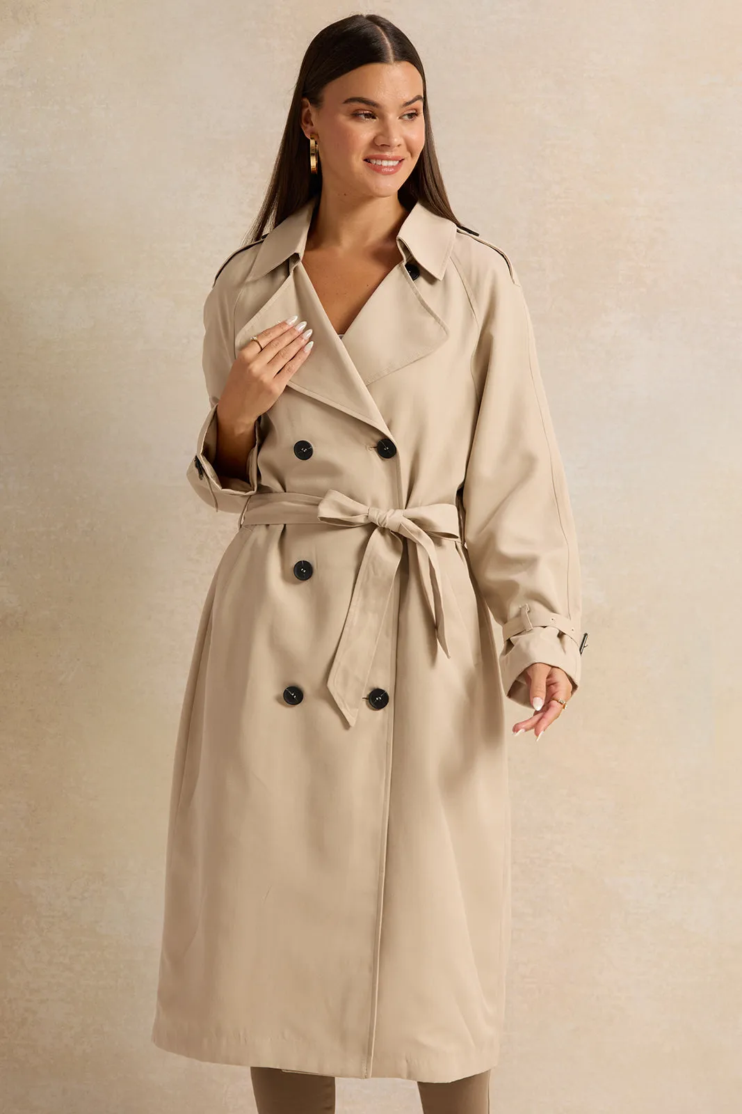 Women Ivory Belted Trench Coat