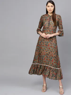 Women Olive Green & Orange Printed Maxi Dress