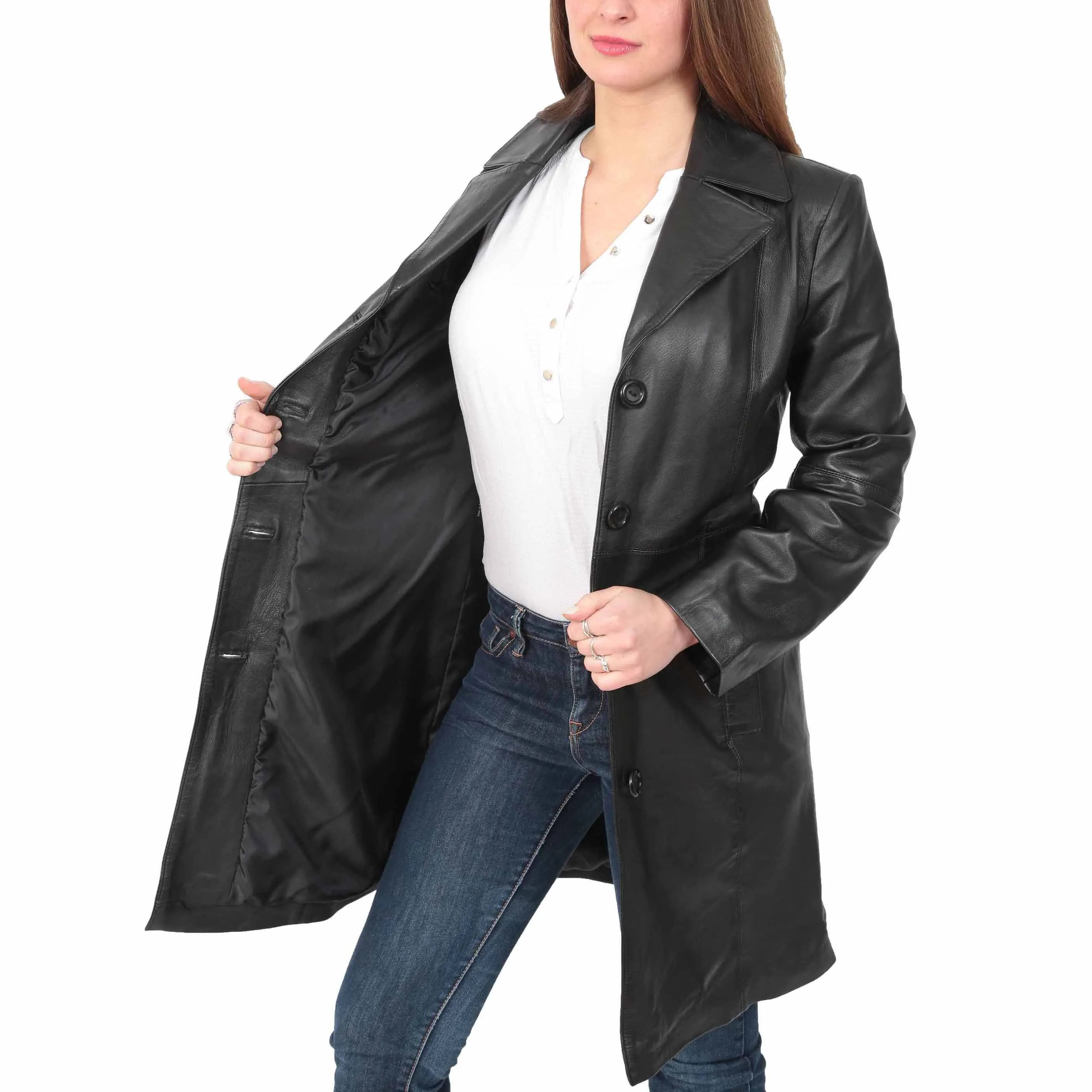 Womens 3/4 Button Fasten Leather Coat Cynthia Black