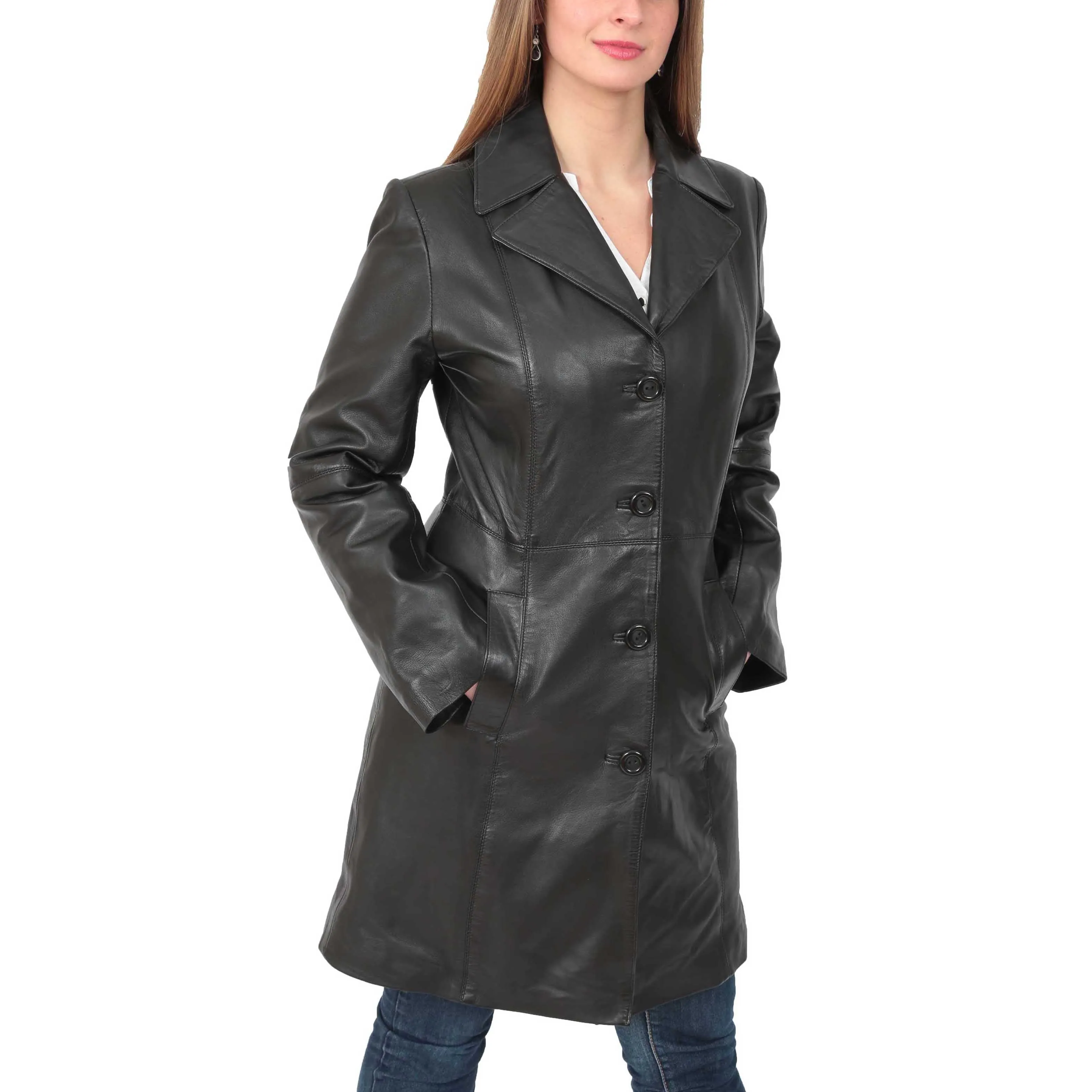 Womens 3/4 Button Fasten Leather Coat Cynthia Black