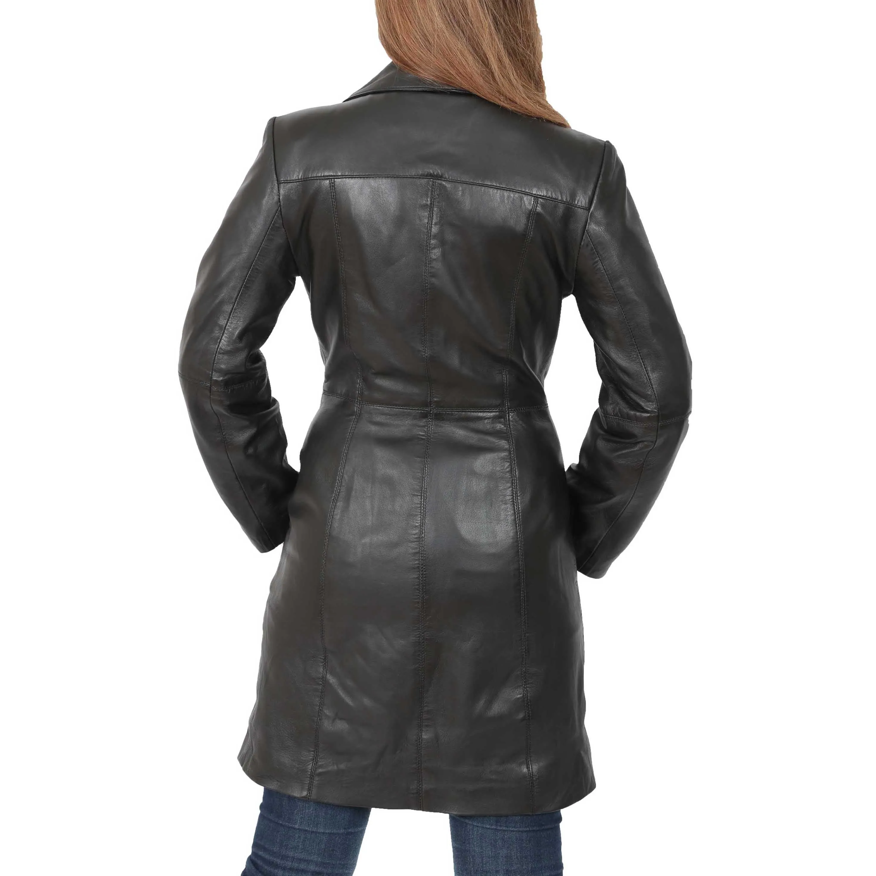 Womens 3/4 Button Fasten Leather Coat Cynthia Black