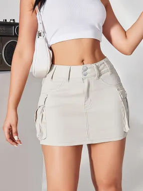 Women's Casual Mid-Waist Straight Denim Skirt with Button Front and Pockets - Cotton Blend High Stretch Fabric, Solid Color Brief Length for Summer