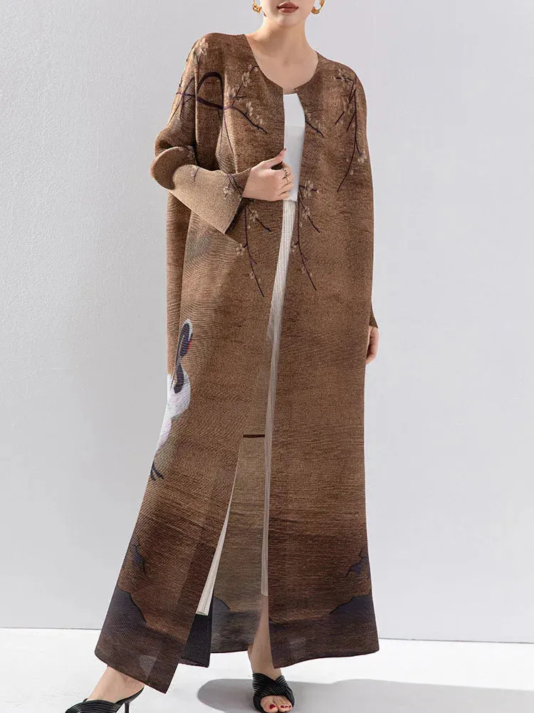 Women's Good Luck Cranes Brown Pleated Long Coat