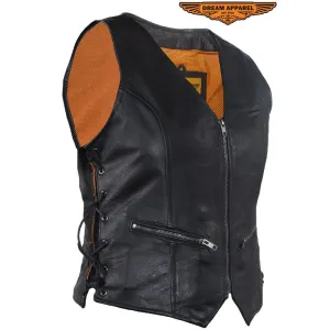 Womens Leather Motorcycle Zip Up Leather Vest With Concealed Carry