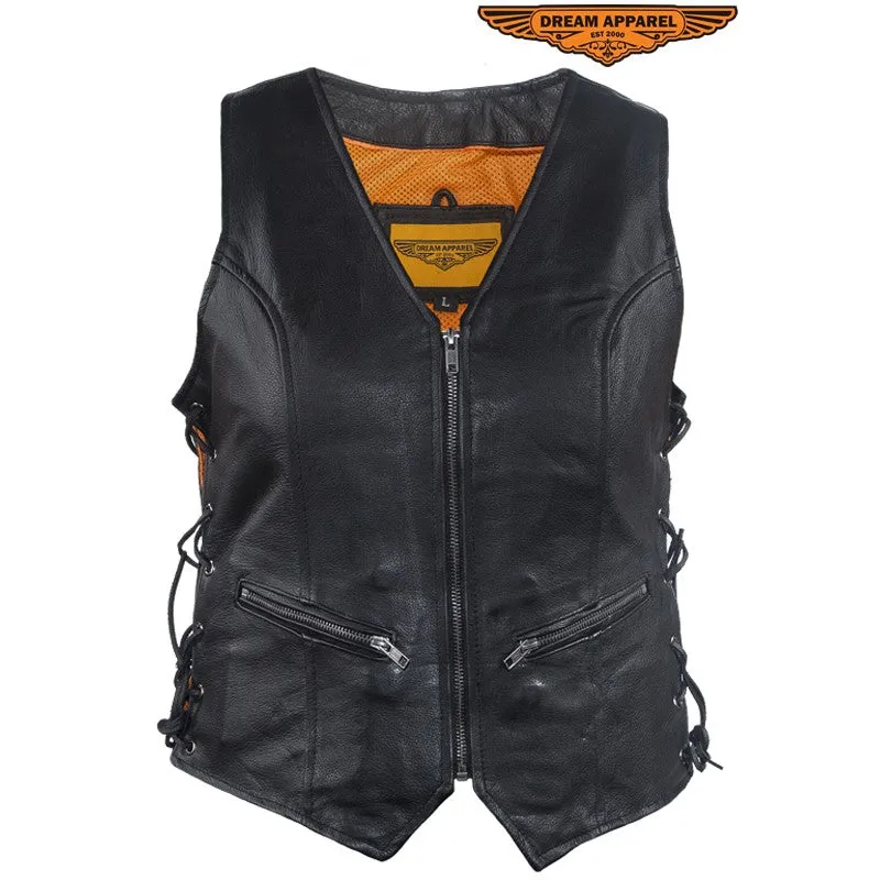 Womens Leather Motorcycle Zip Up Leather Vest With Concealed Carry