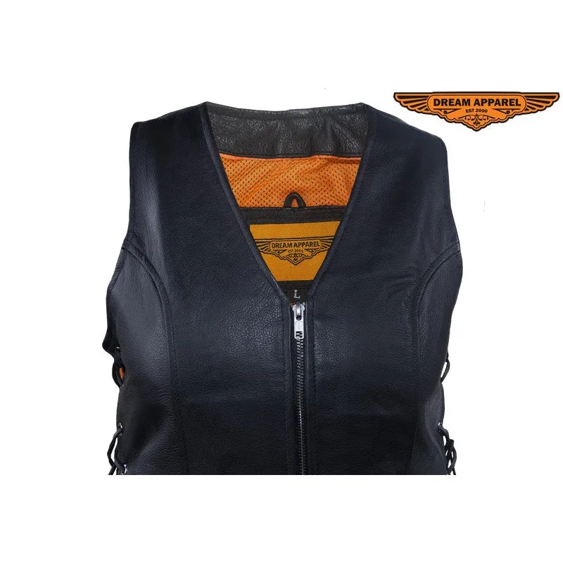 Womens Leather Motorcycle Zip Up Leather Vest With Concealed Carry