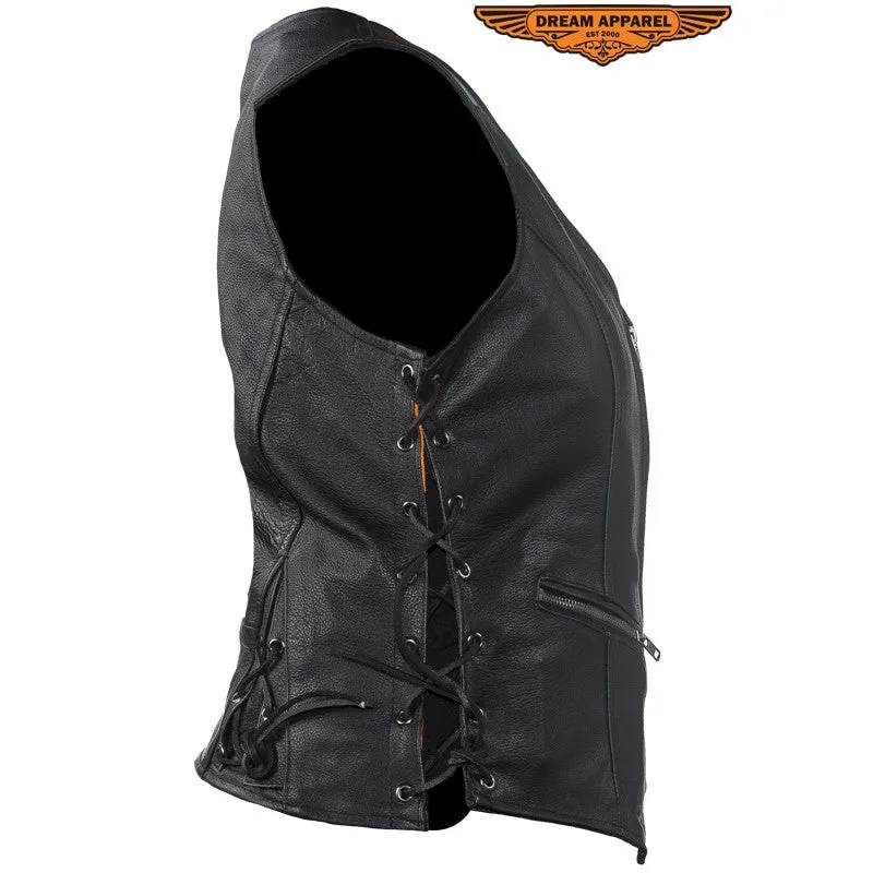 Womens Leather Motorcycle Zip Up Leather Vest With Concealed Carry