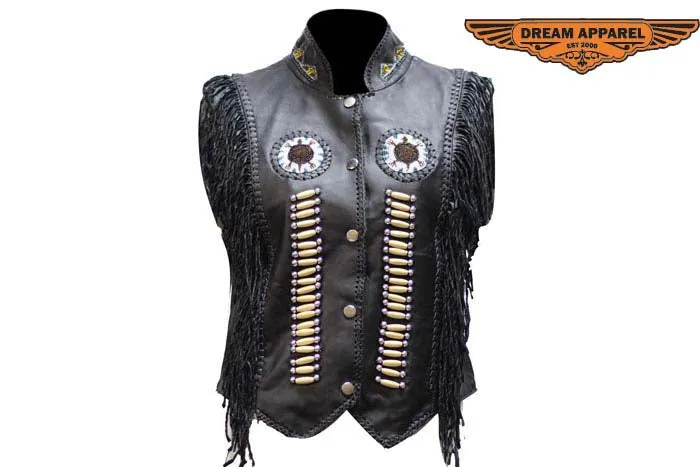 Womens Leather Vest With Nylon Lining Bone & Beads