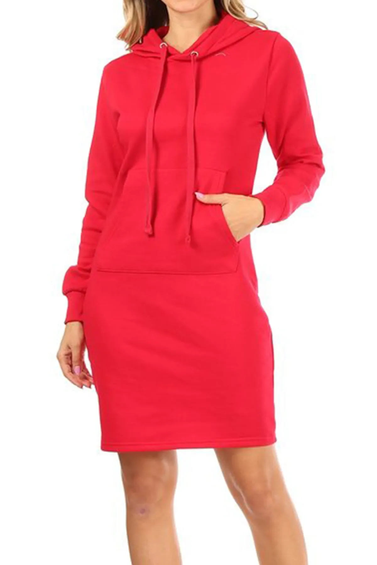 Women's Long Sleeve Fleece Pull On Mini Midi Solid Hooded Dress