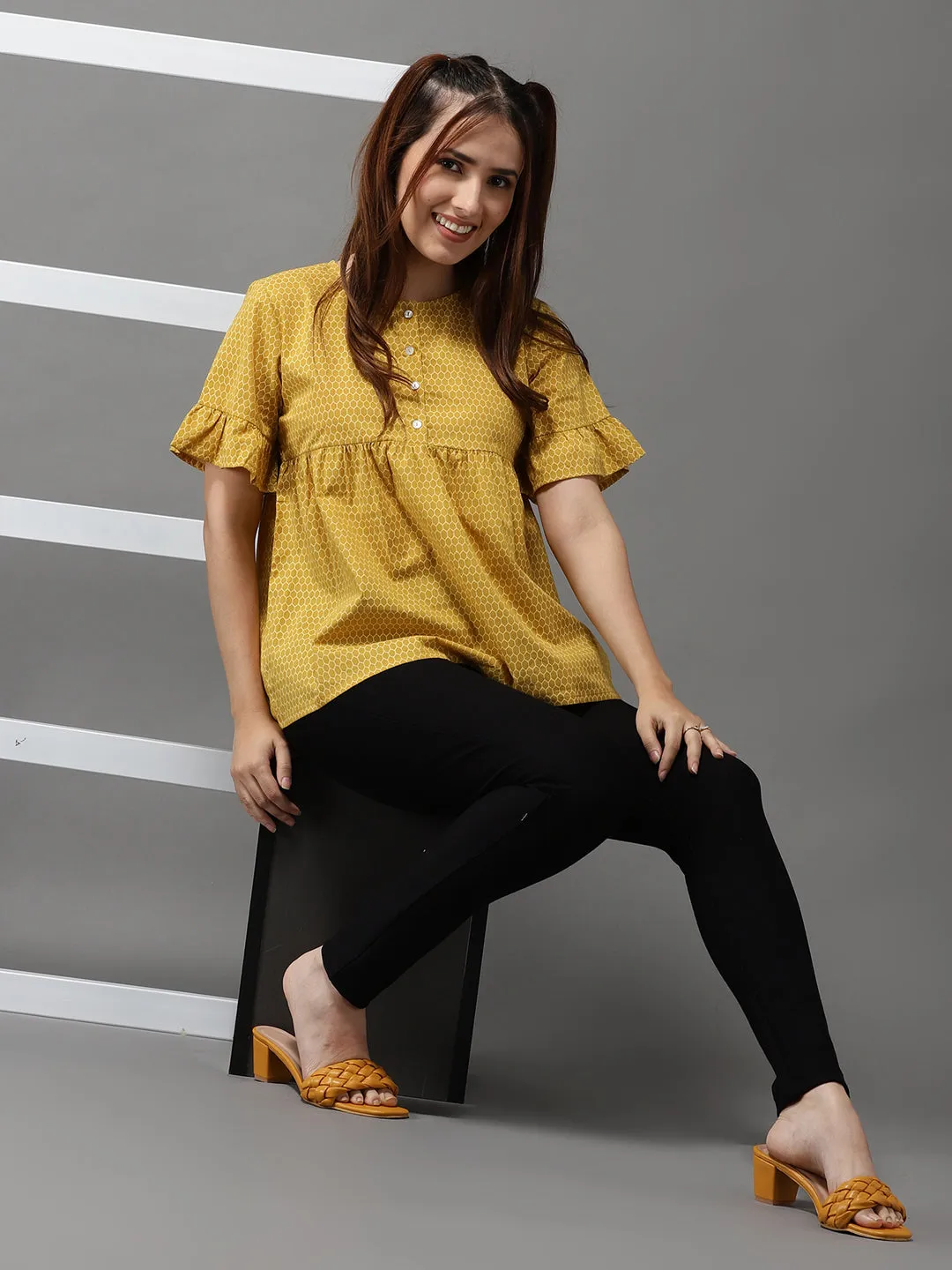 Women's Mustard Printed Peplum Top