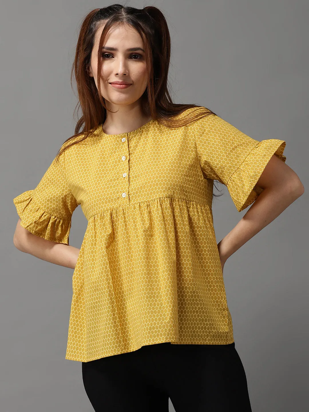 Women's Mustard Printed Peplum Top