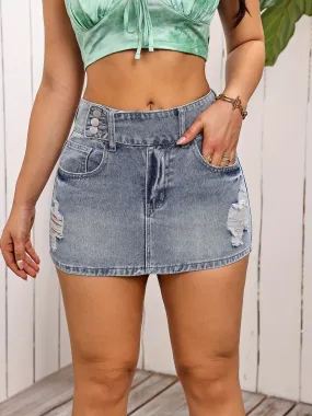 Women's Sexy High-Waisted Denim Skirt, Ripped Detail, Casual Distressed Jean Mini Skirt with Pockets, Light Wash