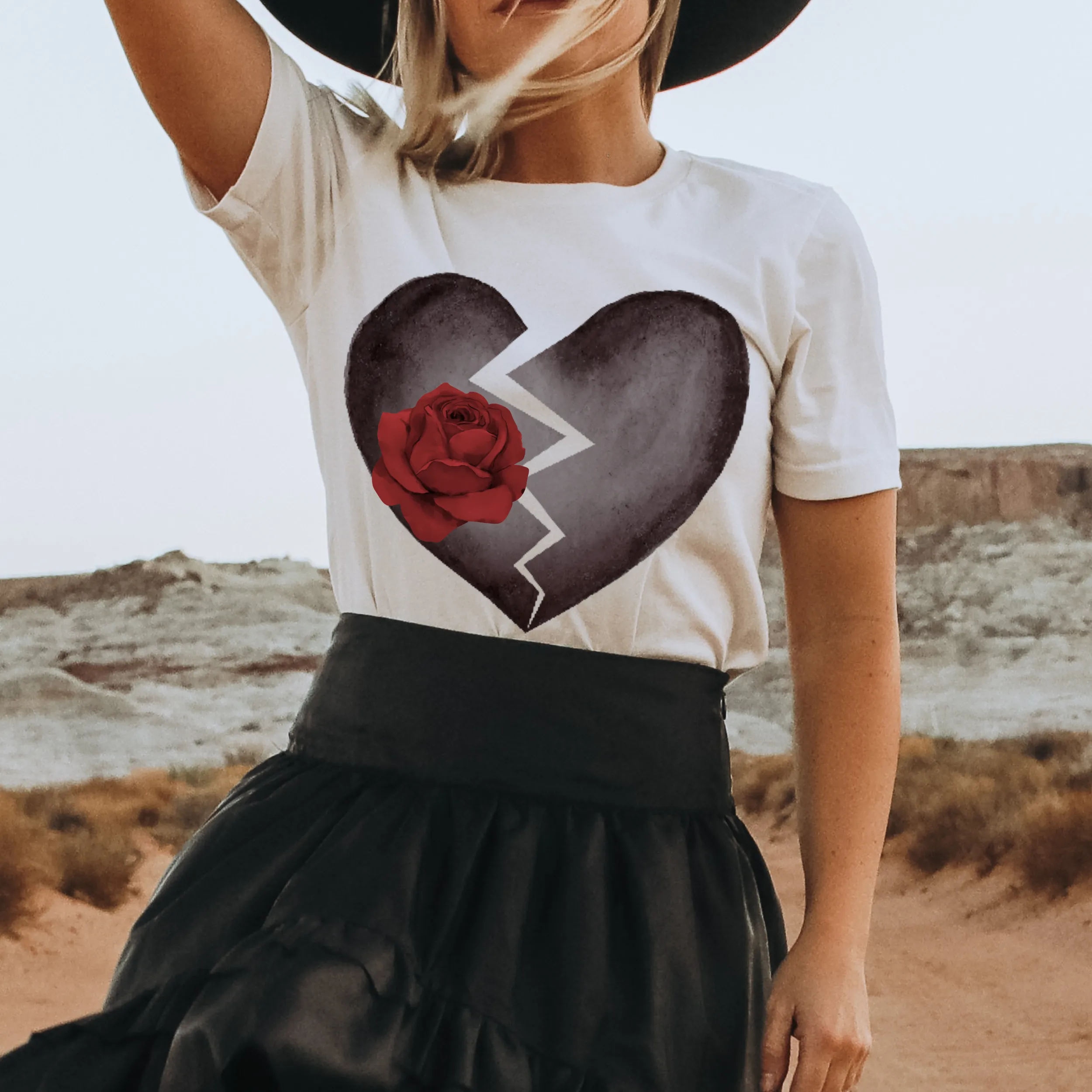 Women's Valentine's Day Gothic Heart and Roses Black or White T-Shirt Goth Dark Heart Design on a Soft Bella Canvas® T-Shirt