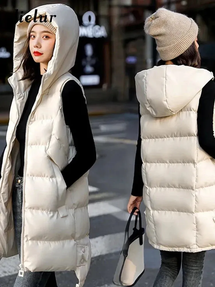 Women's Vest Jacket Down Cotton Vest Winter Jacket Hooded Long Coat Sleeveless Loose Female Waistcoat Snow Wear