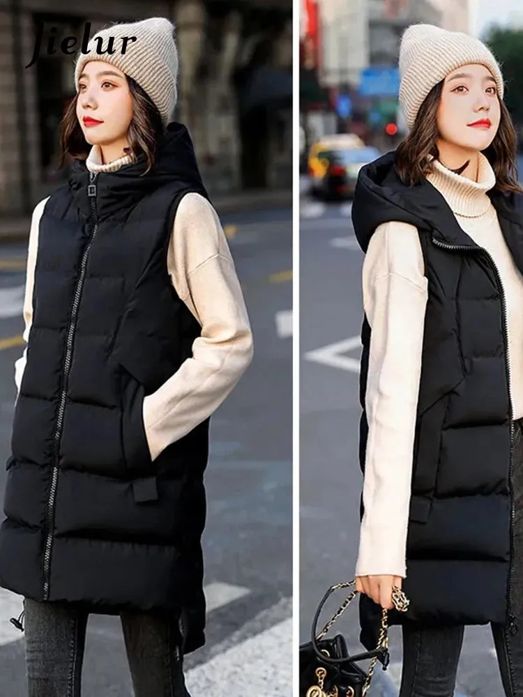 Women's Vest Jacket Down Cotton Vest Winter Jacket Hooded Long Coat Sleeveless Loose Female Waistcoat Snow Wear