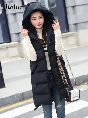 Women's Vest Jacket Down Cotton Vest Winter Jacket Hooded Long Coat Sleeveless Loose Female Waistcoat Snow Wear