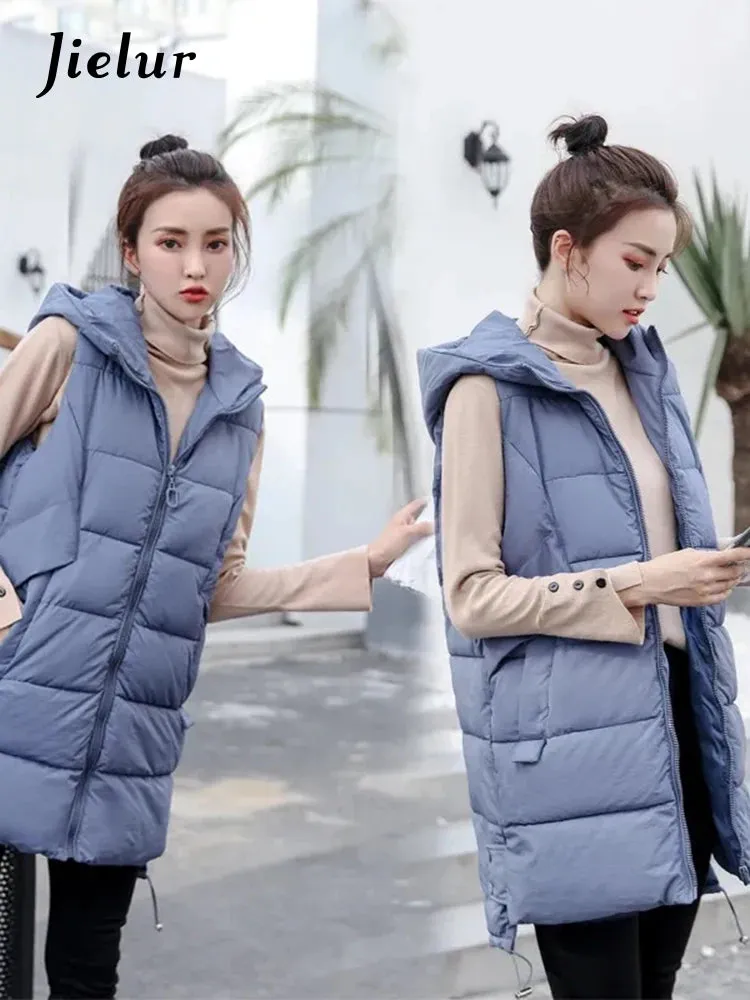 Women's Vest Jacket Down Cotton Vest Winter Jacket Hooded Long Coat Sleeveless Loose Female Waistcoat Snow Wear