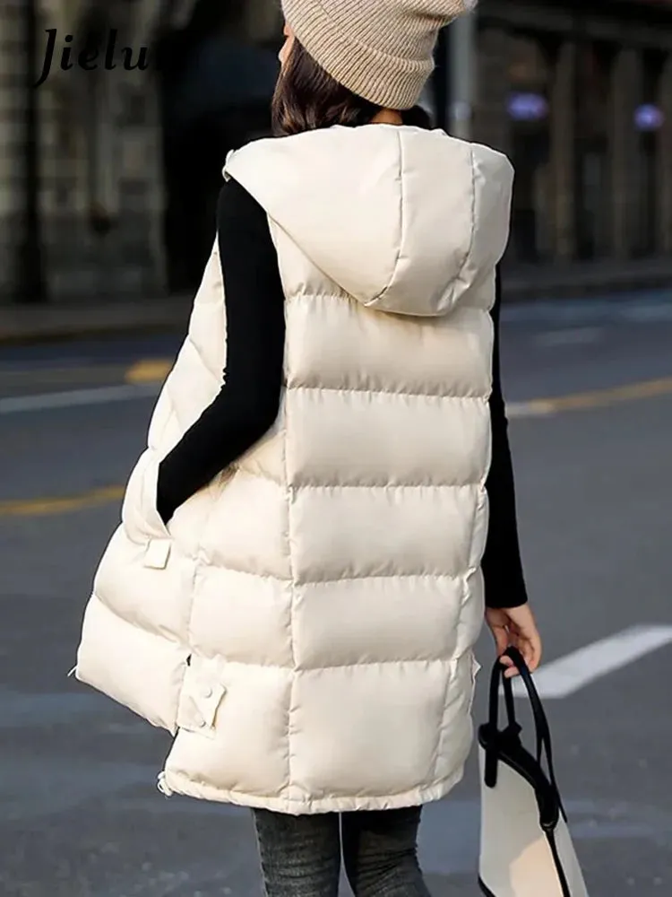 Women's Vest Jacket Down Cotton Vest Winter Jacket Hooded Long Coat Sleeveless Loose Female Waistcoat Snow Wear