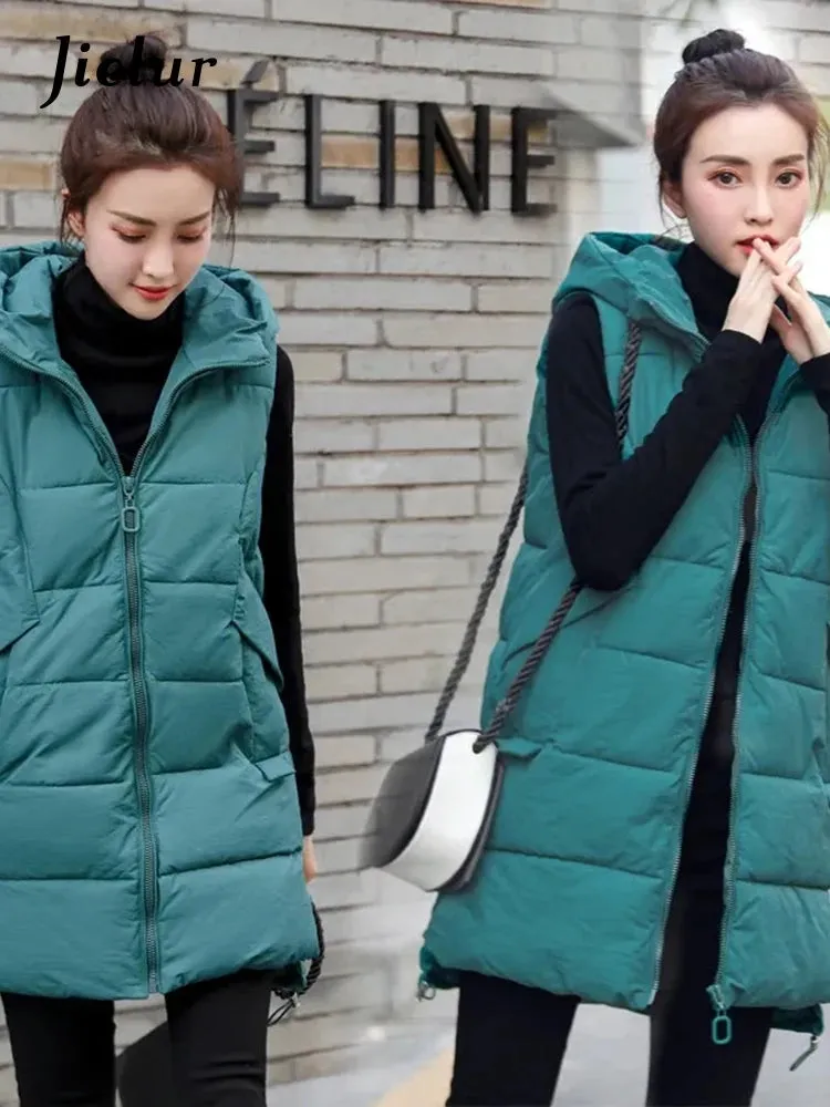 Women's Vest Jacket Down Cotton Vest Winter Jacket Hooded Long Coat Sleeveless Loose Female Waistcoat Snow Wear