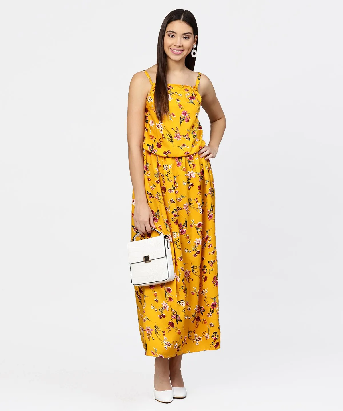 Yellow Printed Shoulder Strapped With A Gather Neckline Maxi Dress