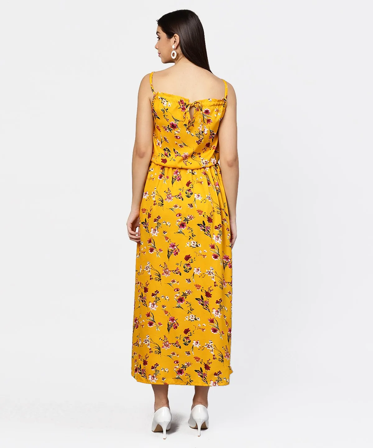 Yellow Printed Shoulder Strapped With A Gather Neckline Maxi Dress