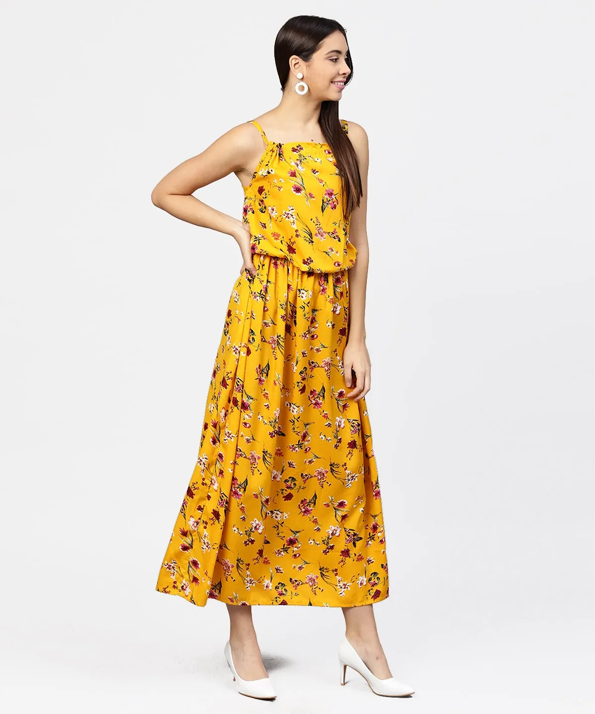 Yellow Printed Shoulder Strapped With A Gather Neckline Maxi Dress