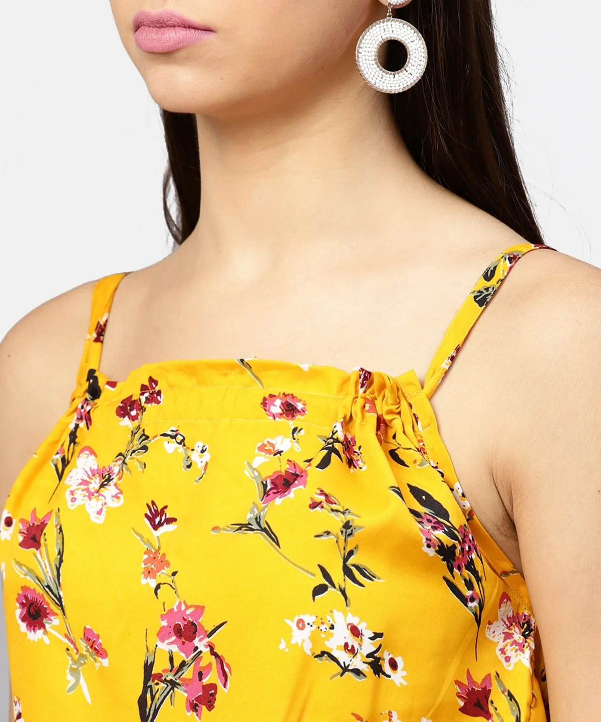 Yellow Printed Shoulder Strapped With A Gather Neckline Maxi Dress